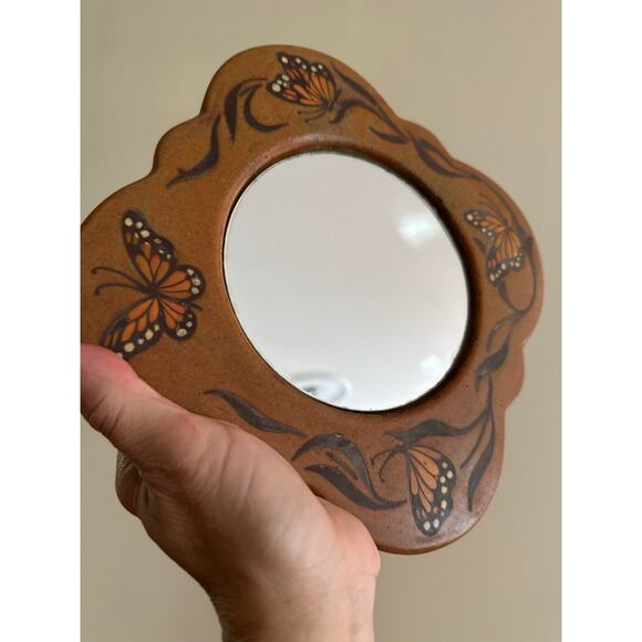 Vintage Wall Mirror pottery clay butterflies Heavy Stoneware Clay brown 9” hang - Picture 16 of 16